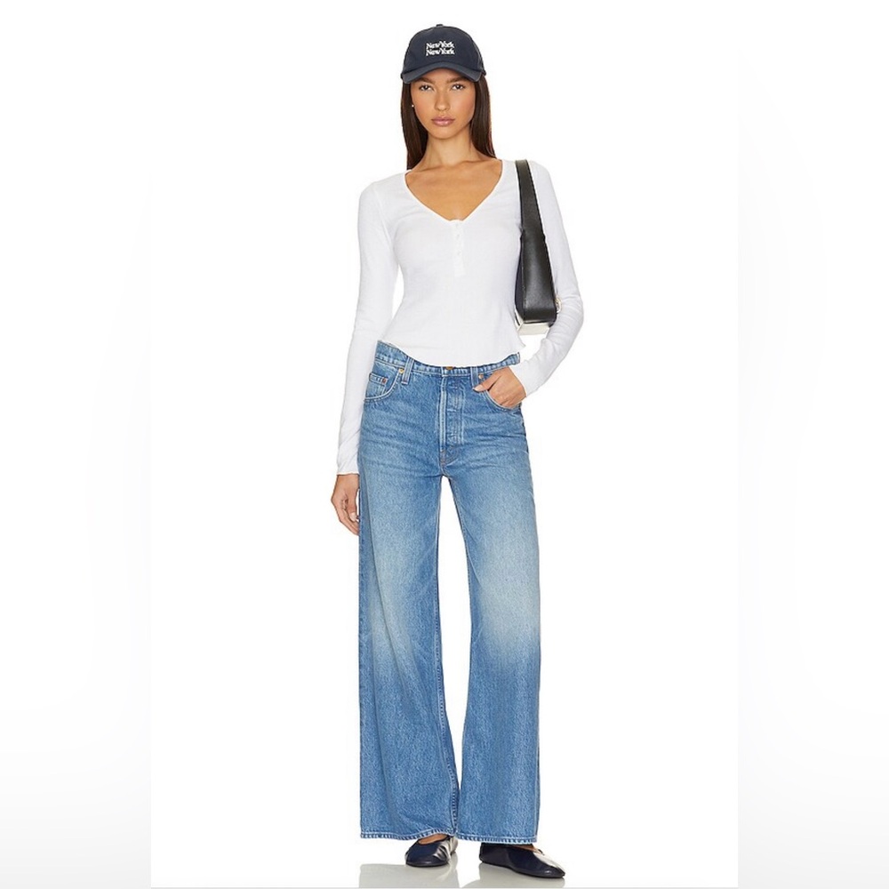 MOTHER Medium Blue High-Rise Flare Wide-Leg Jeans